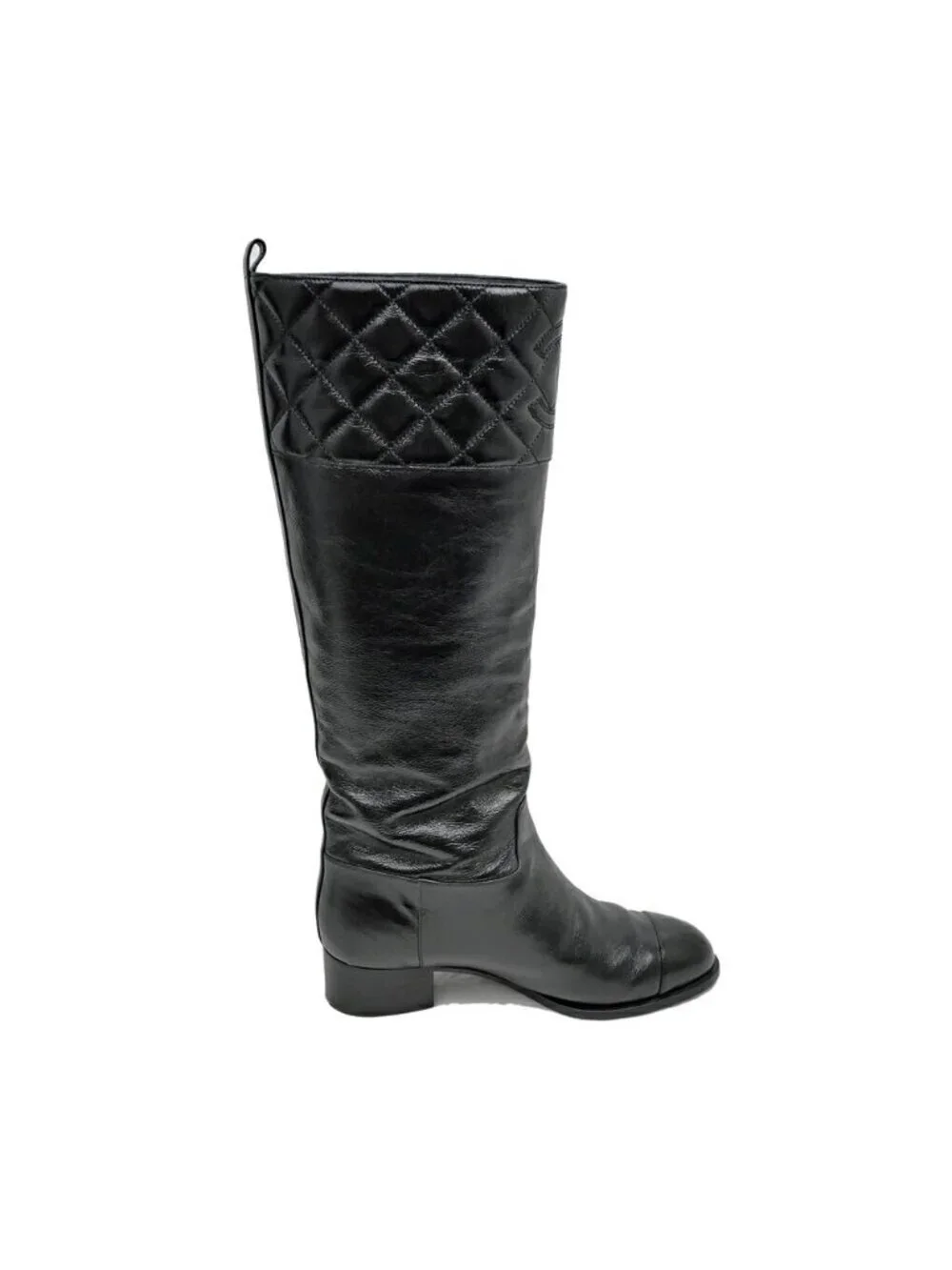 Chanel Long Boots 37.5 Black Shiny Calfskin CC Logo